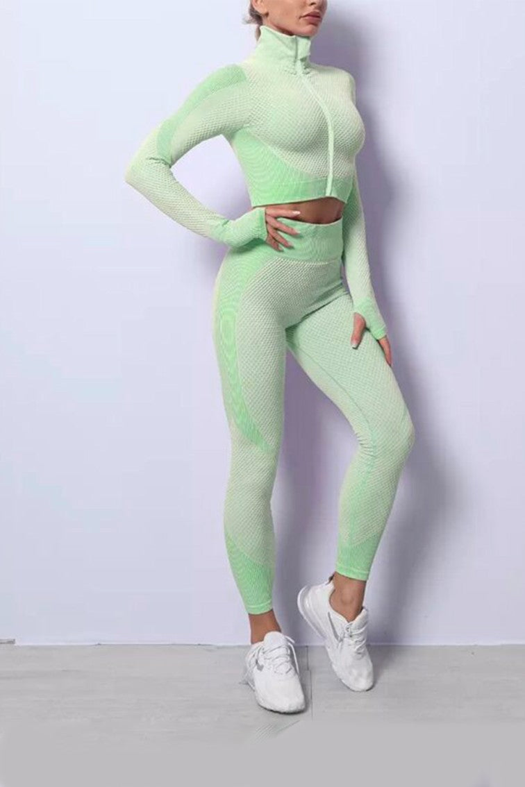 Seamless Women 3pcs Yoga Sets Fitness Sport Suit Long Sleeve Zipper with Sport Bra & Leggings Pants Green