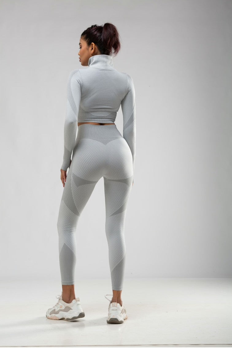 Seamless Women 3pcs Yoga Sets Fitness Sport Suit Long Sleeve Zipper with Sport Bra & Leggings Pants White & Grey