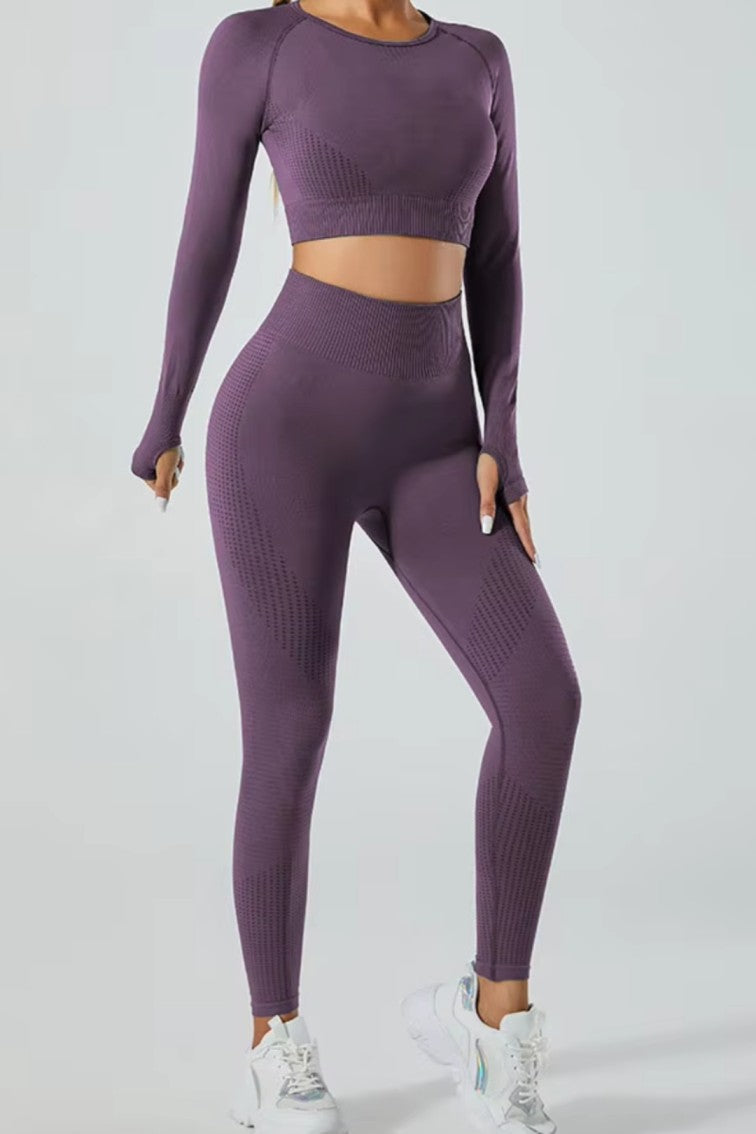 High Waisted 5 Pieces Workout Yoga, Running Wear Long sleeves, Leggings, Shorts, Sport Bra and Short sleeves Crop Top  Dark Purple