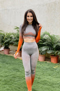 Women Seamless Workout Outfits Sport Long Sleeve And Legging Orange Grey
