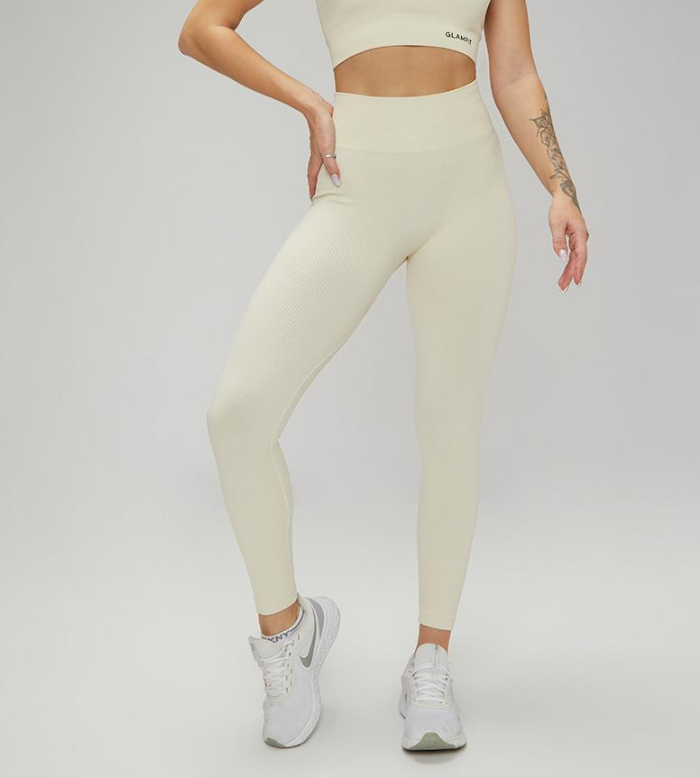 U Collar Seamless Padded Sports Bra, High Leggings and Shorts 3pcs Set Cream