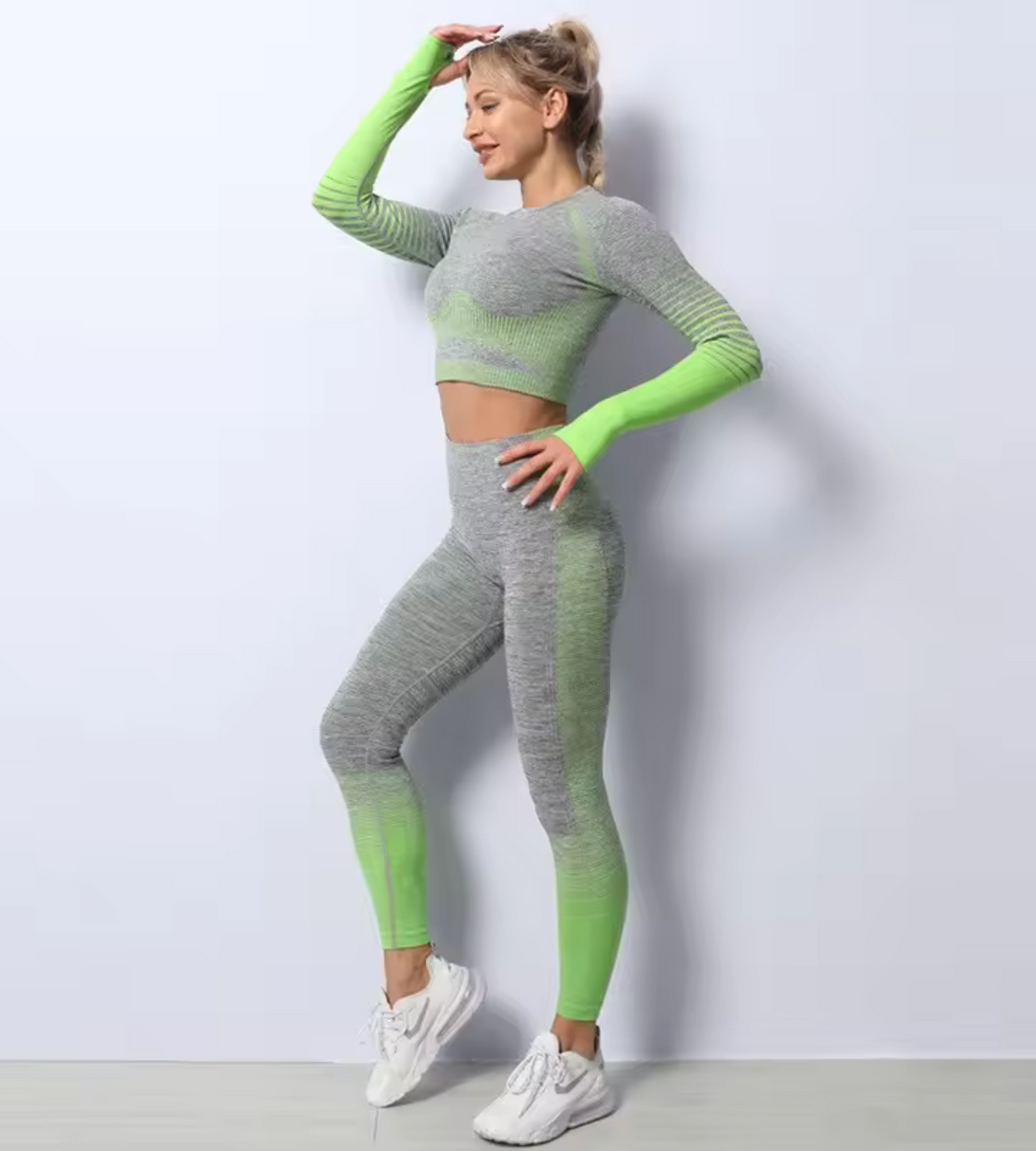 Women Seamless Workout Outfits Sport Long Sleeve And Legging Grey Green