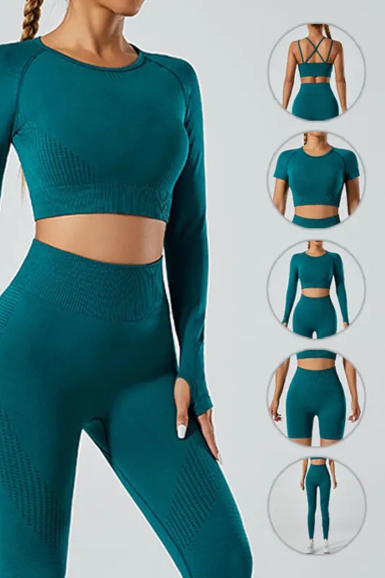 New High Waisted 5 Pieces Workout Yoga, Running Wear Long sleeves, Leggings, Shorts, Sport Bra and Short sleeves Crop Top