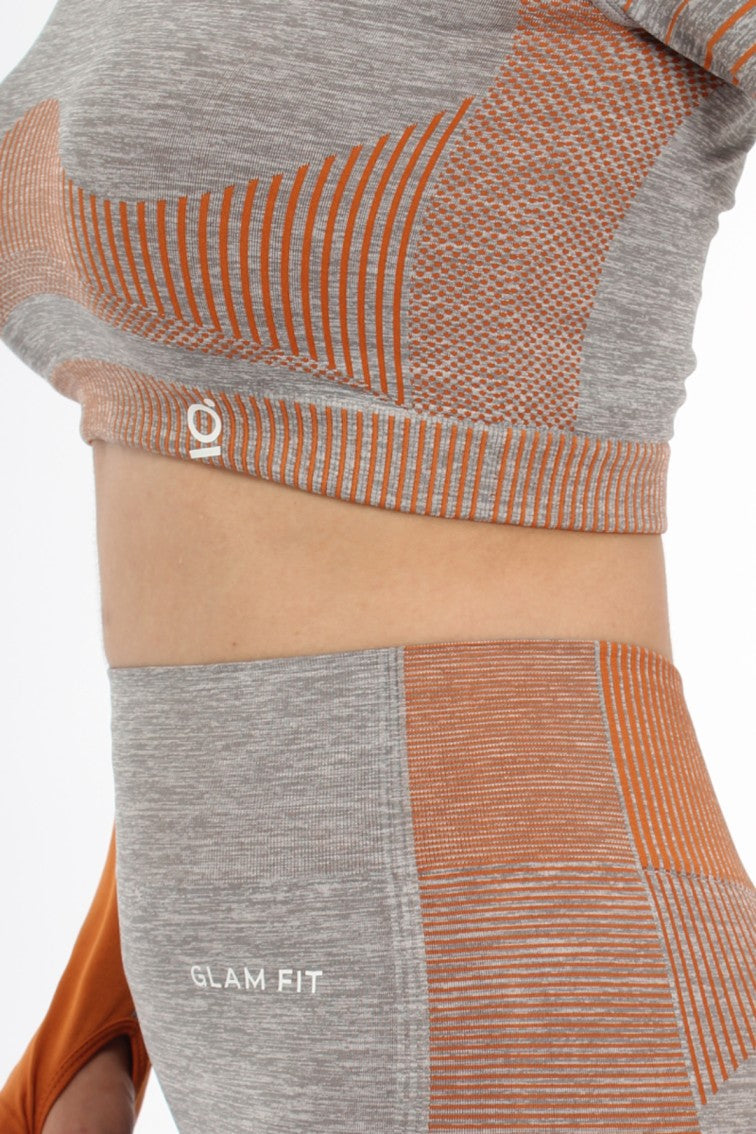 Women Seamless Workout Outfits Sport Long Sleeve And Legging Orange Grey