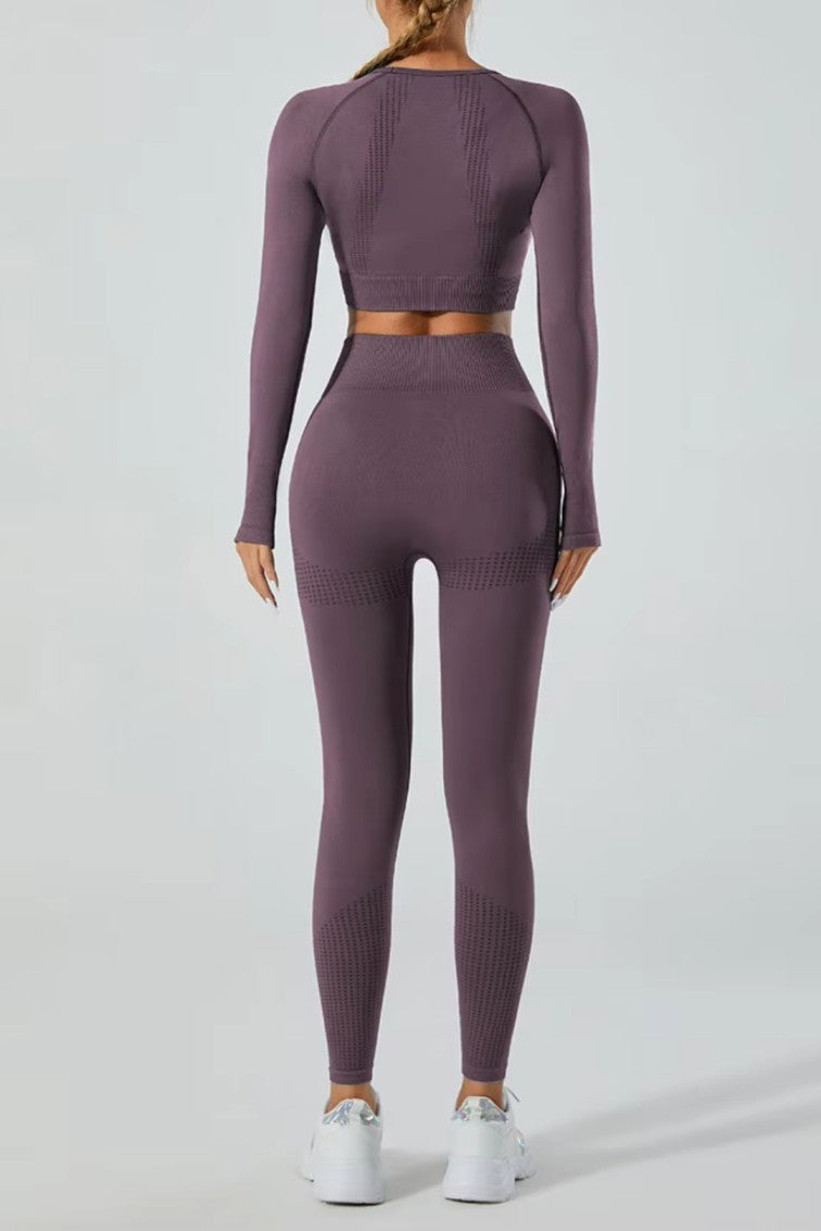 High Waisted 5 Pieces Workout Yoga, Running Wear Long sleeves, Leggings, Shorts, Sport Bra and Short sleeves Crop Top  Dark Purple