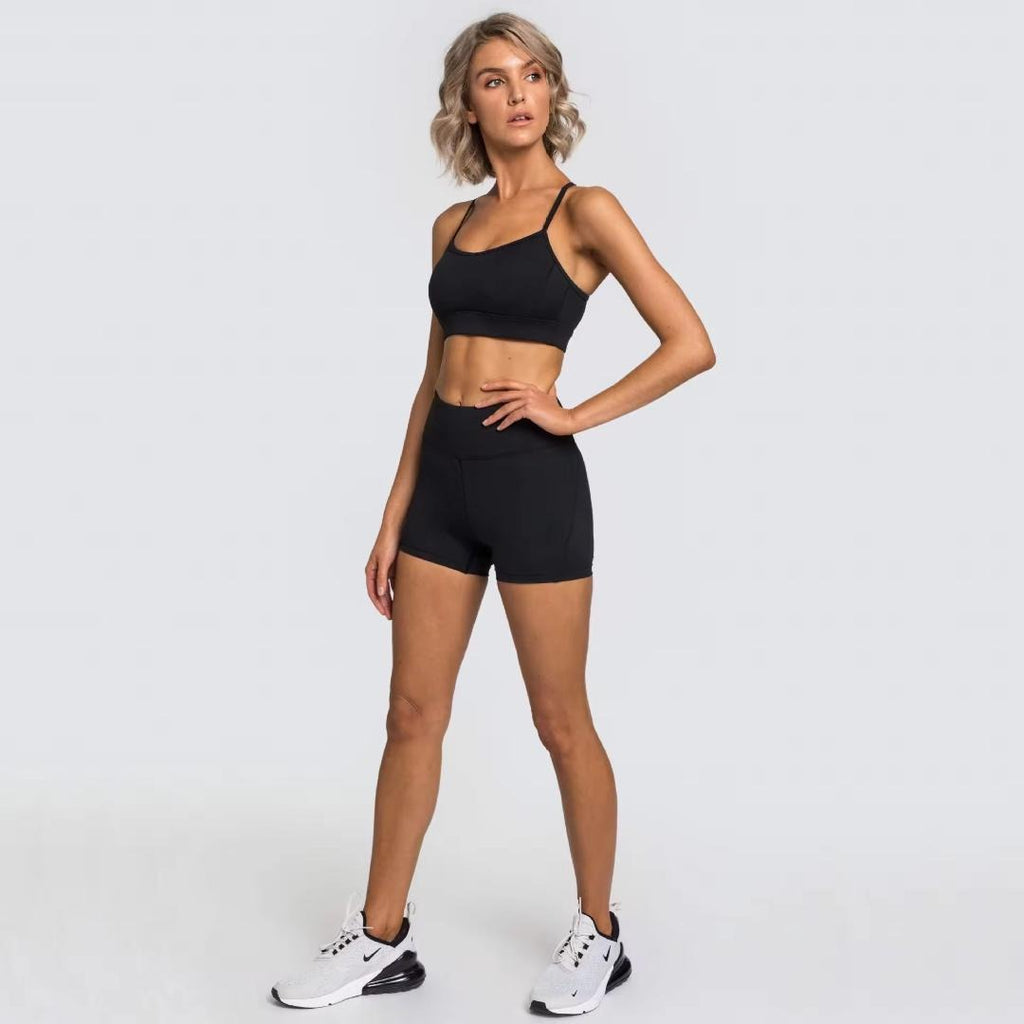 Seamless Ribbed Spaghetti Sport Bra With Shorts