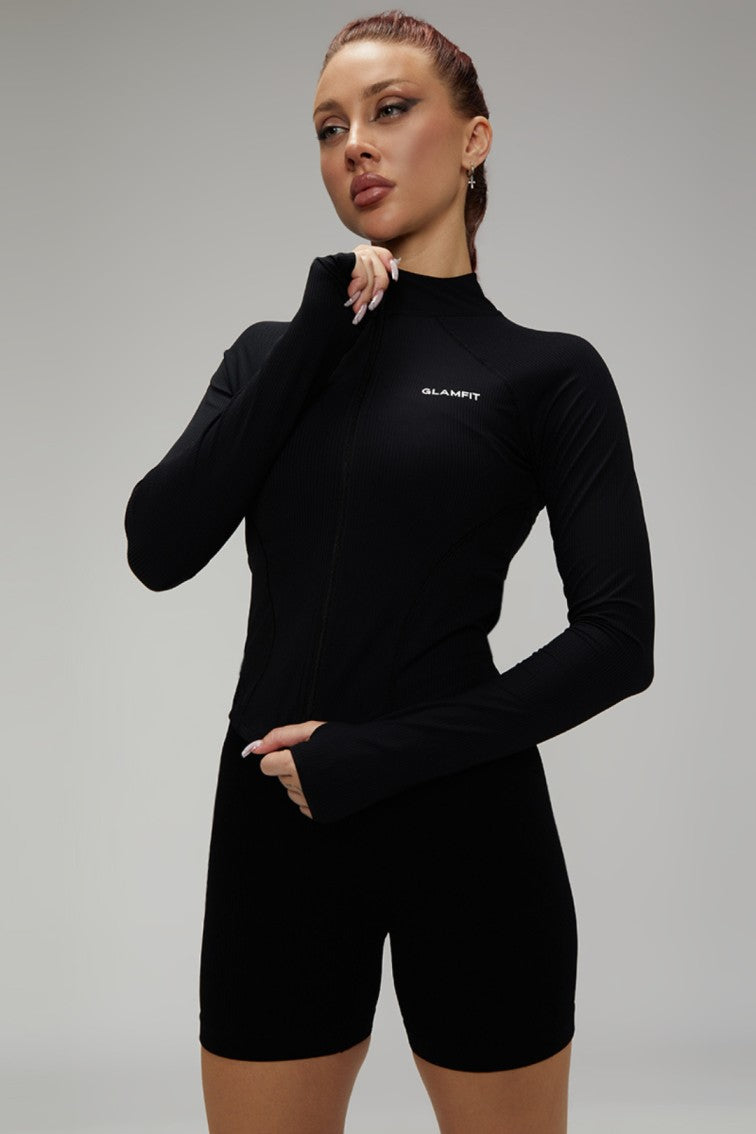 Long Sleeves Ribbed Thumb Holes Deep Ribbed Collar Breathable Workout Jacket