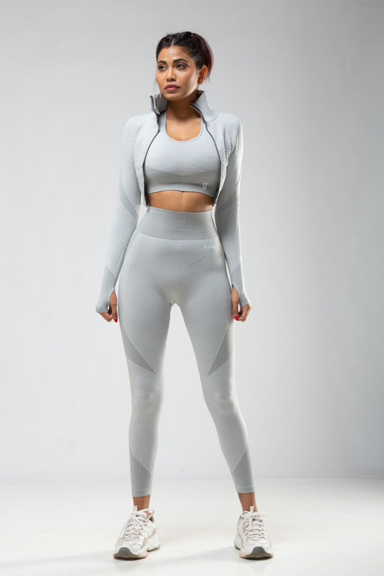 Seamless Women 3pcs Yoga Sets Fitness Sport Suit Long Sleeve Zipper with Sport Bra & Leggings Pants White & Grey