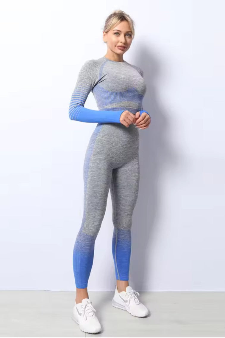Women Seamless Workout Outfits Sport Long Sleeve And Legging Light Grey Blue