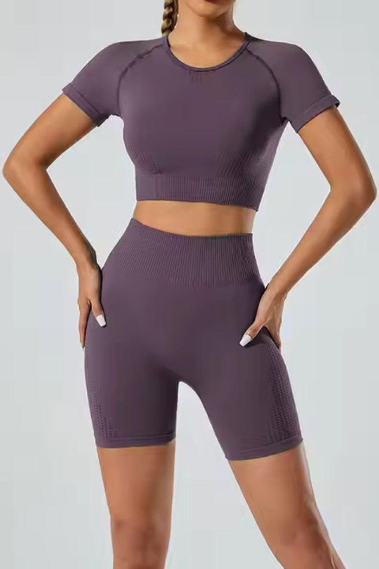 High Waisted 5 Pieces Workout Yoga, Running Wear Long sleeves, Leggings, Shorts, Sport Bra and Short sleeves Crop Top  Dark Purple
