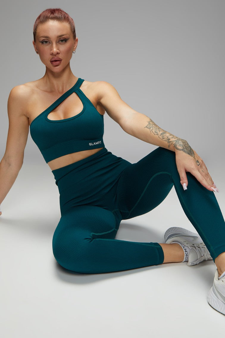 Women Seamless Workout Outfits One Shoulder Sport Bra Padded and High Waist Legging Pink