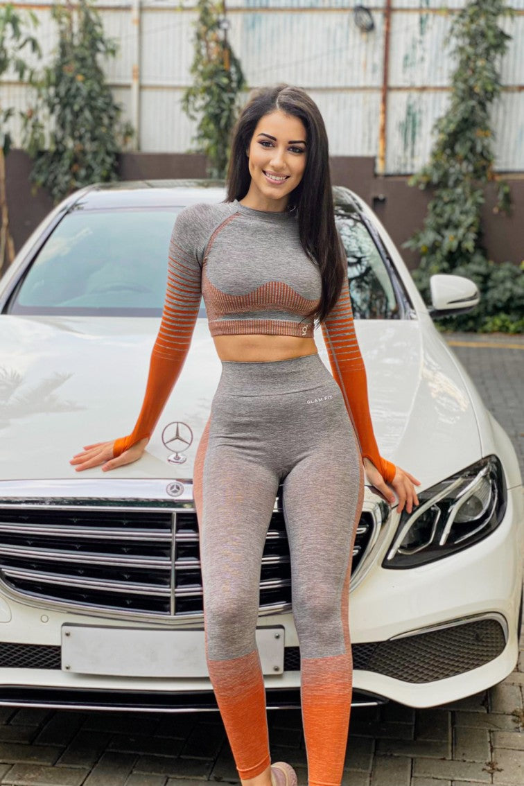 Women Seamless Workout Outfits Sport Long Sleeve And Legging Orange Grey