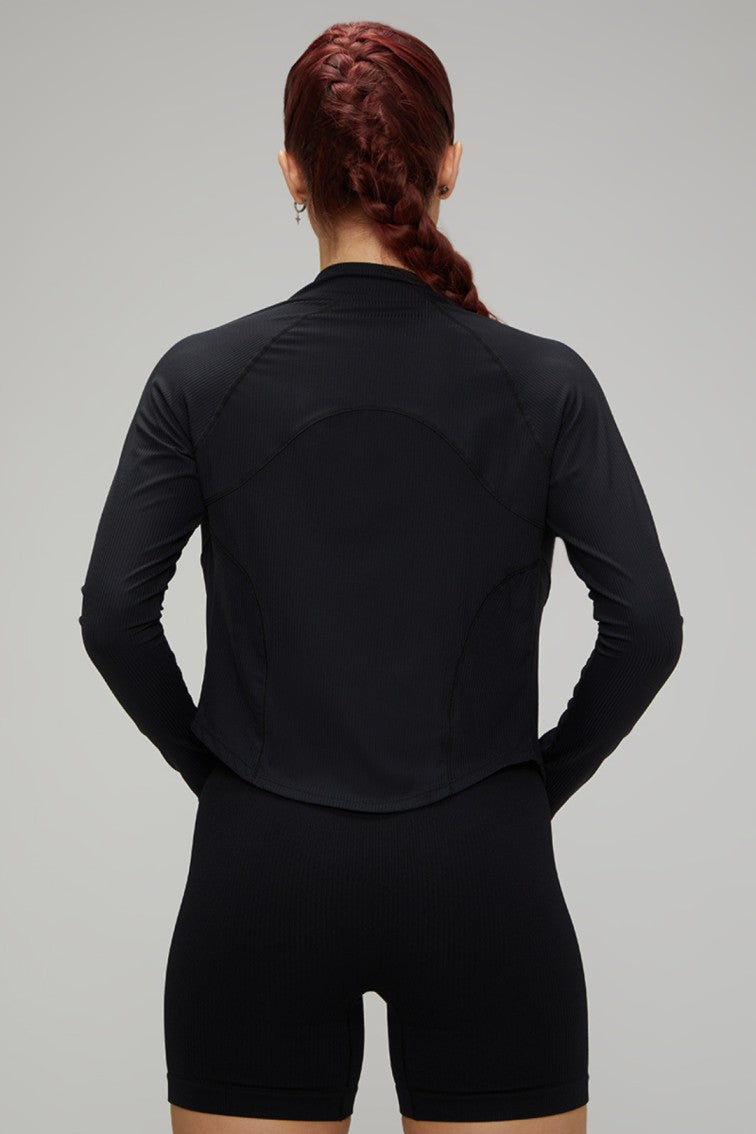 Long Sleeves Ribbed Thumb Holes Deep Ribbed Collar Breathable Workout Jacket