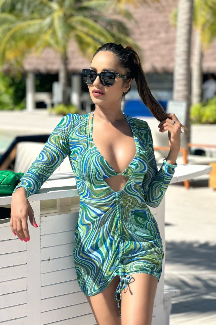 Swimwear cover up women mesh 3 pieces set bandage dress see through bikini Green