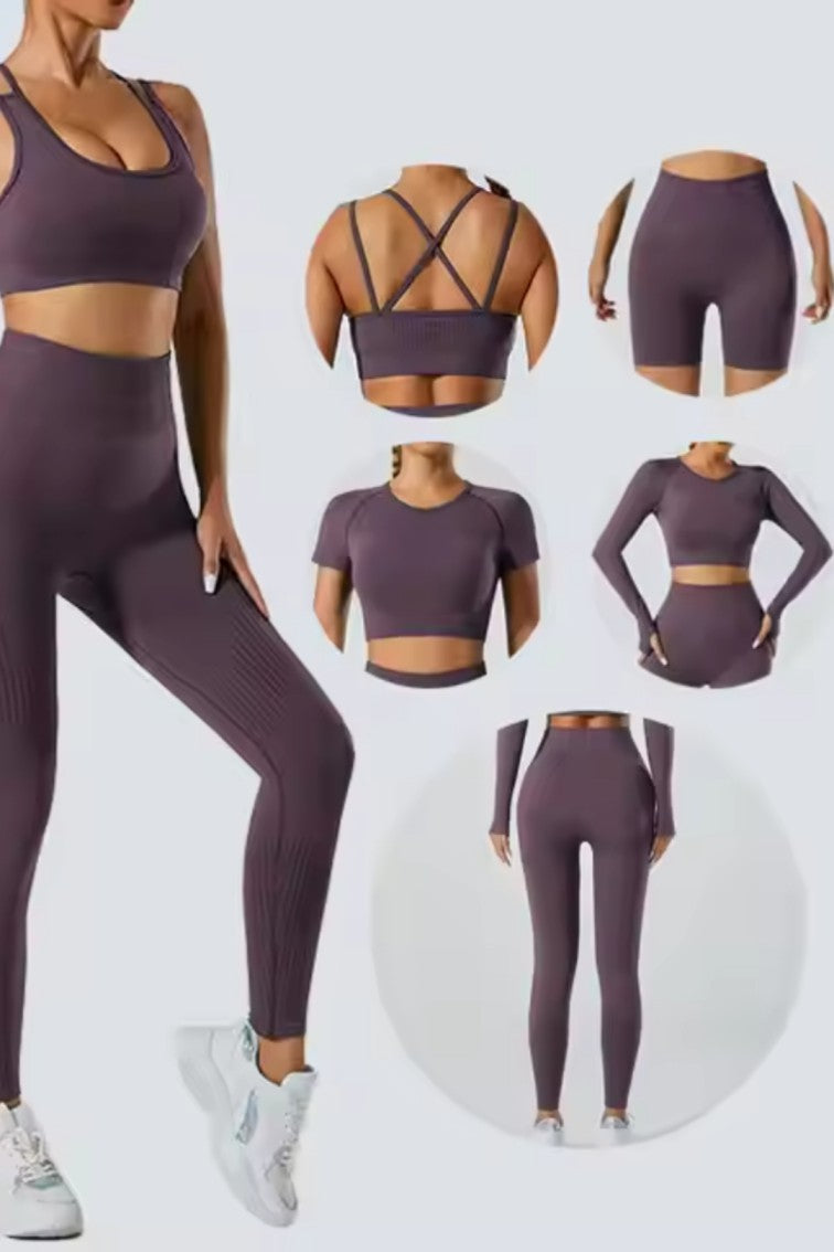 High Waisted 5 Pieces Workout Yoga, Running Wear Long sleeves, Leggings, Shorts, Sport Bra and Short sleeves Crop Top  Dark Purple