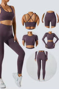 High Waisted 5 Pieces Workout Yoga, Running Wear Long sleeves, Leggings, Shorts, Sport Bra and Short sleeves Crop Top  Dark Purple