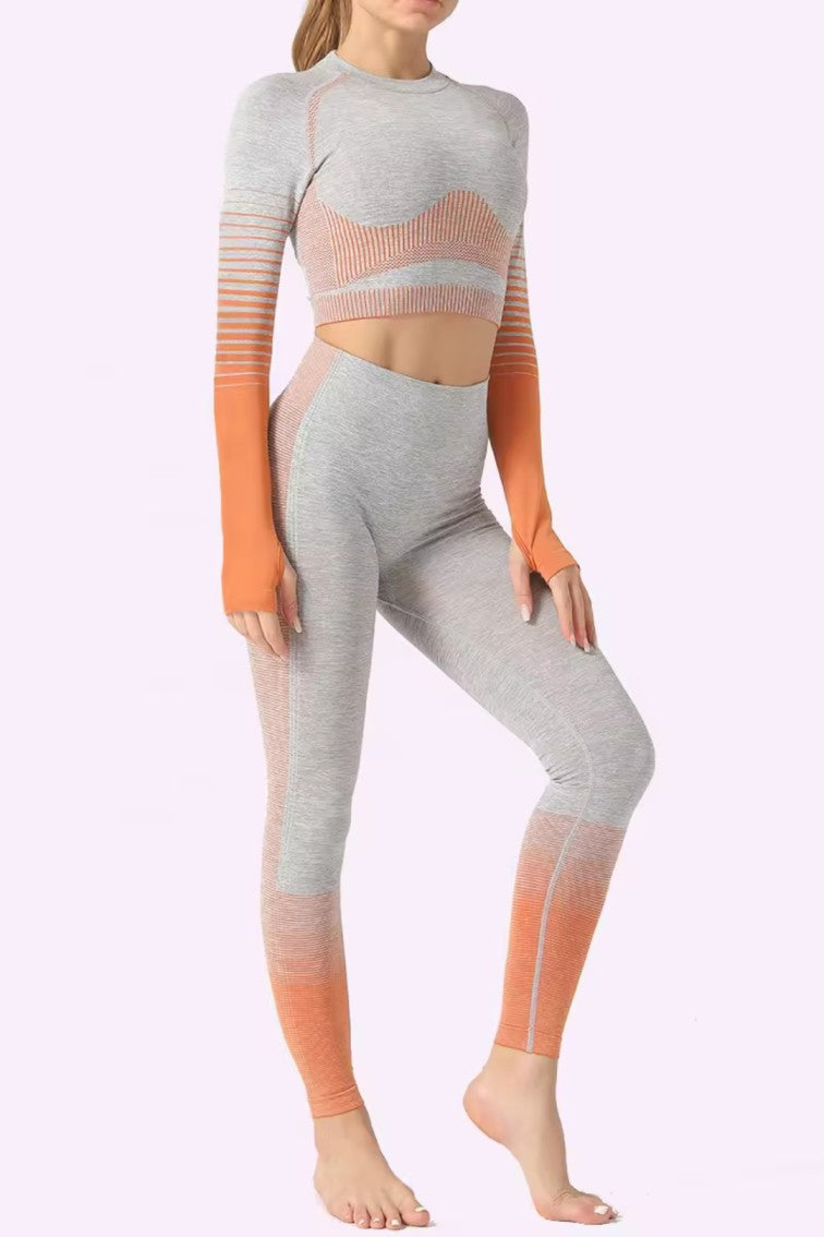Women Seamless Workout Outfits Sport Long Sleeve And Legging Orange Grey