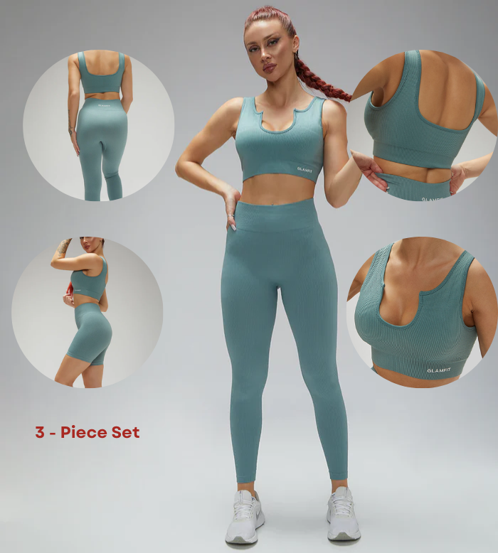 U Collar Seamless Padded Sports Bra, High Leggings and Shorts 3Pcs Set Light Teal