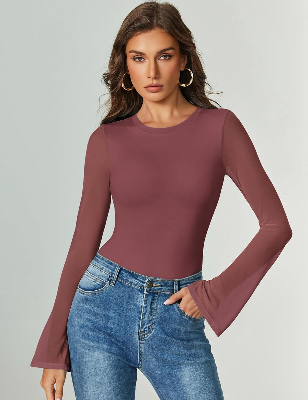 Bell Long Sleeve Bodysuits Mesh Leotard Tops