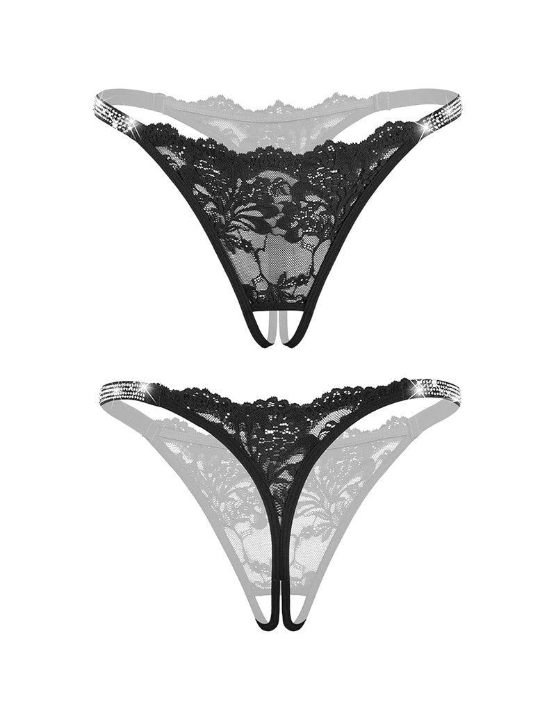 Floral Lace Briefs Rhinestones Strap Panties