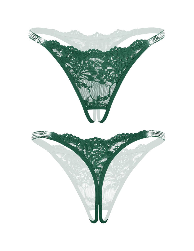 Floral Lace Briefs Rhinestones Strap Panties