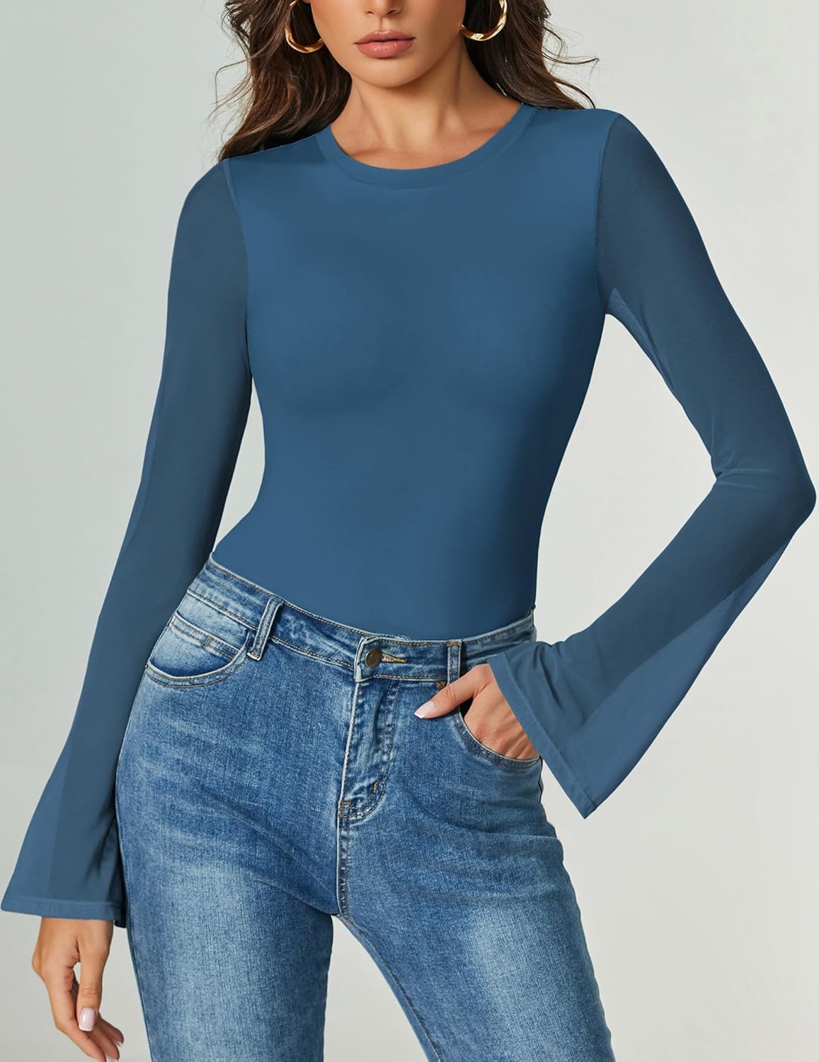 Bell Long Sleeve Bodysuits Mesh Leotard Tops