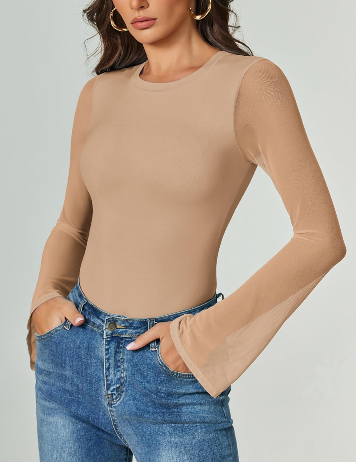 Bell Long Sleeve Bodysuits Mesh Leotard Tops