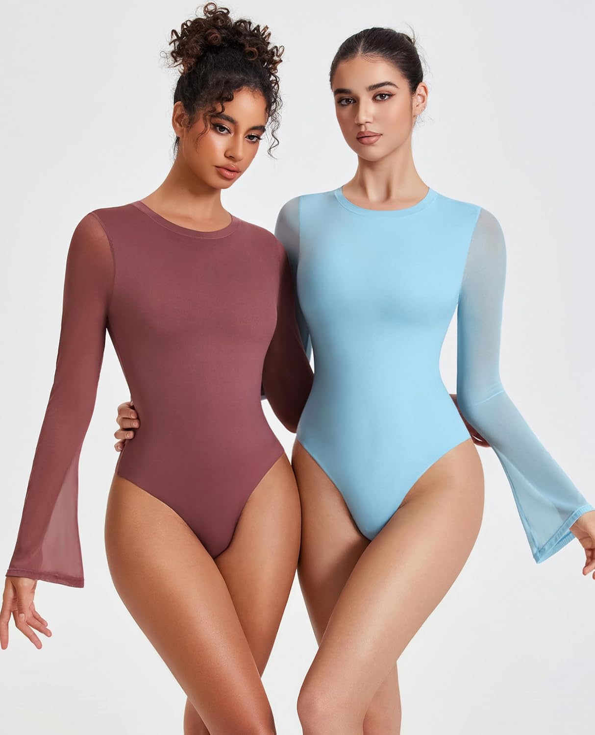 Bell Long Sleeve Bodysuits Mesh Leotard Tops