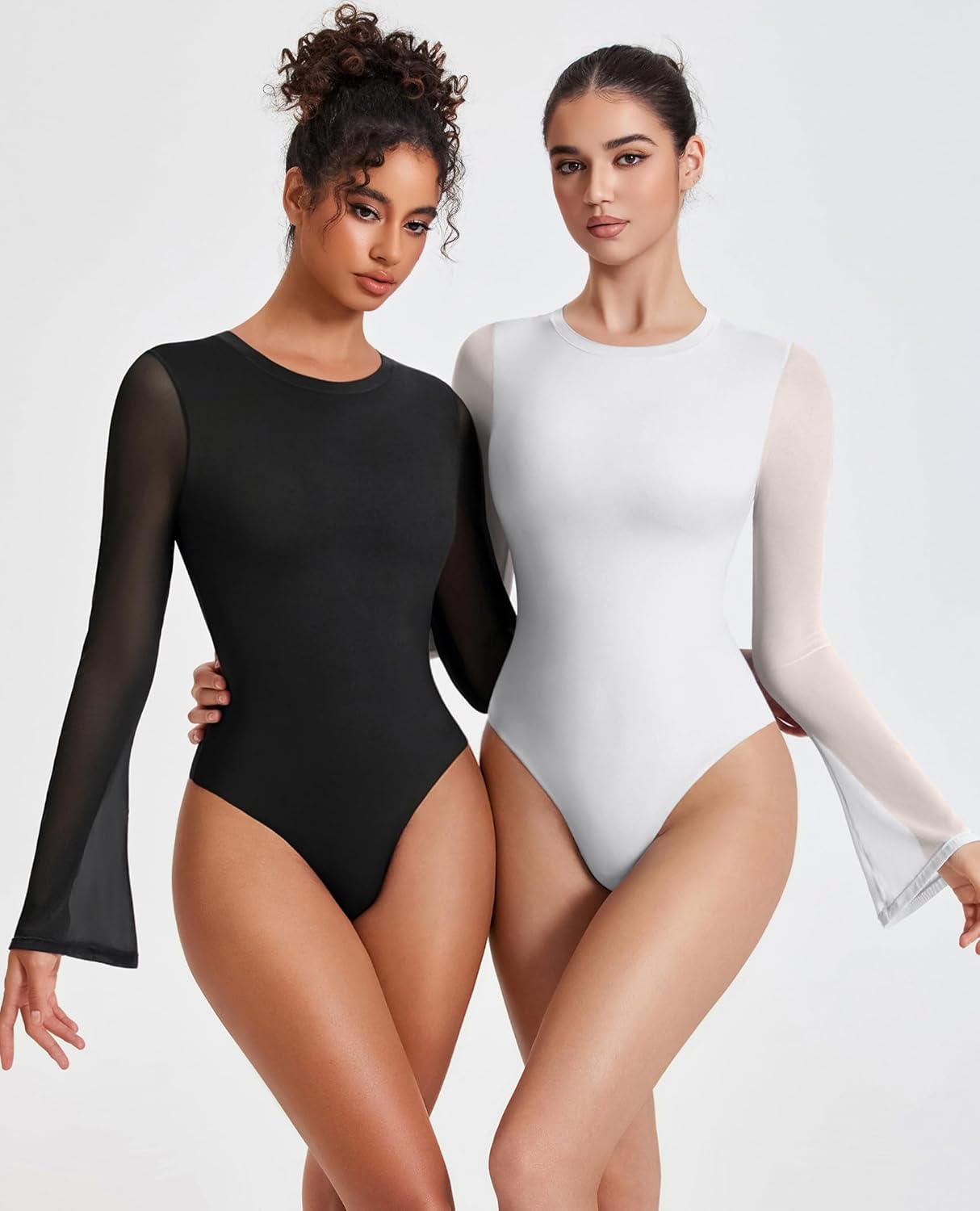 Bell Long Sleeve Bodysuits Mesh Leotard Tops