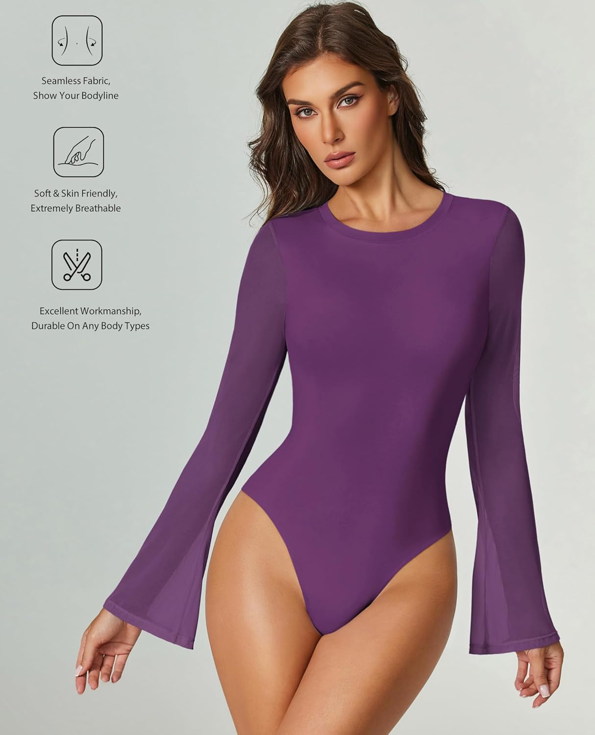 Bell Long Sleeve Bodysuits Mesh Leotard Tops