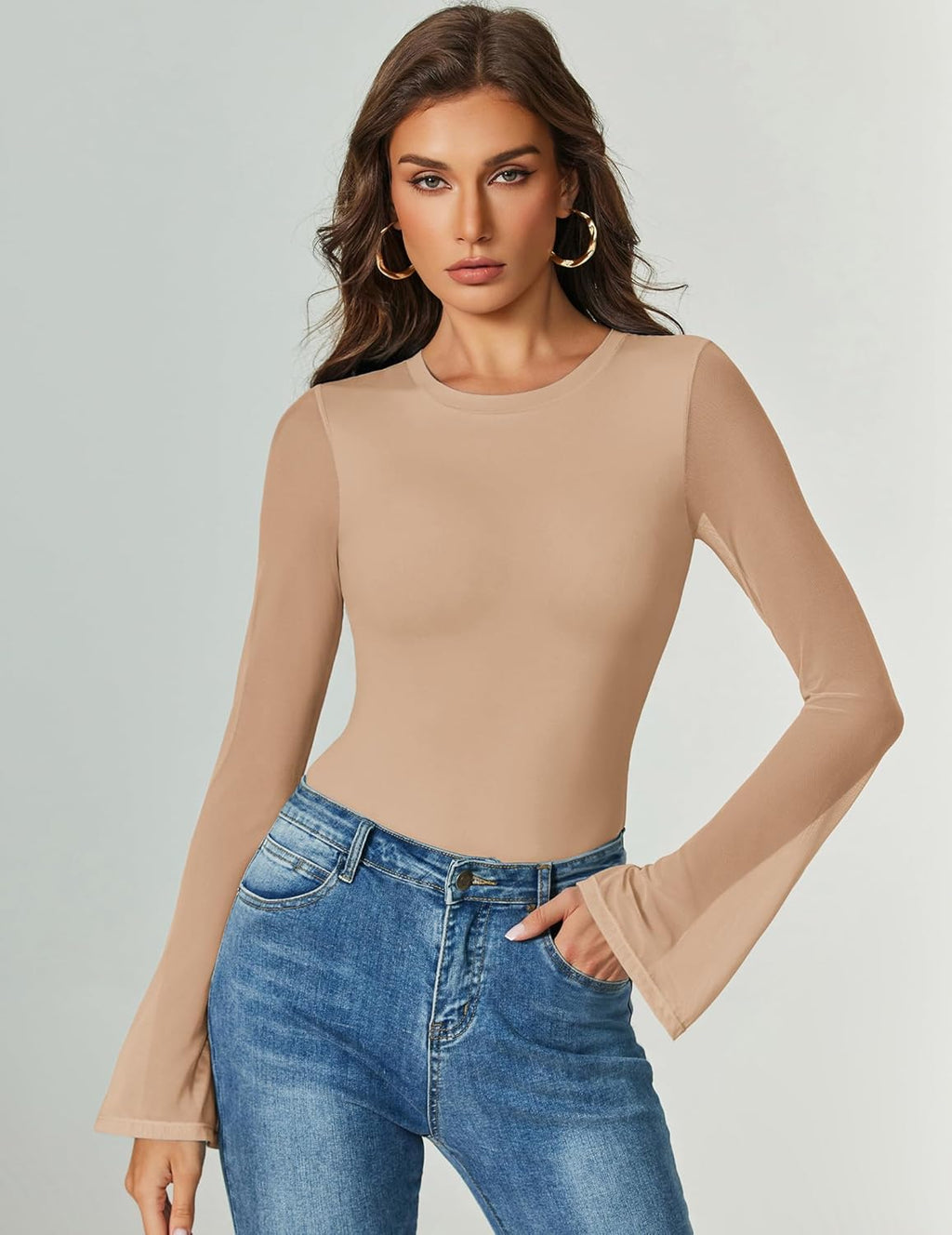 Bell Long Sleeve Bodysuits Mesh Leotard Tops