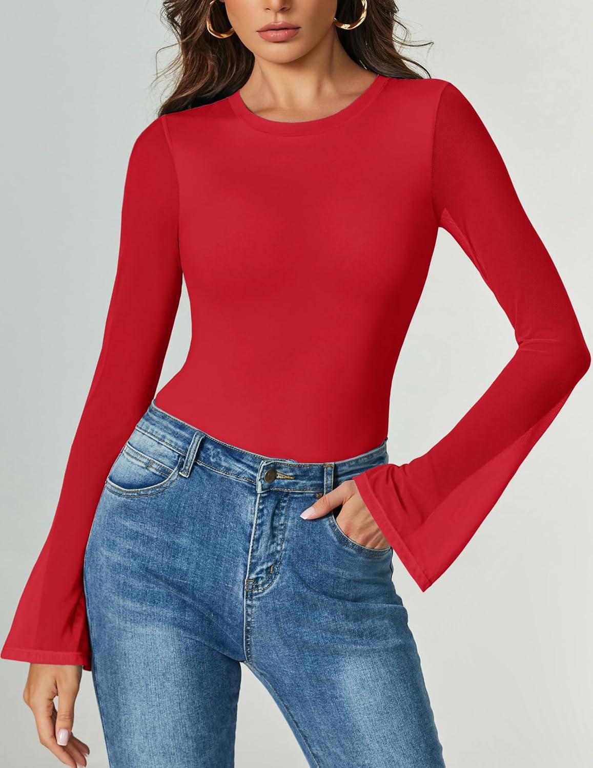 Bell Long Sleeve Bodysuits Mesh Leotard Tops