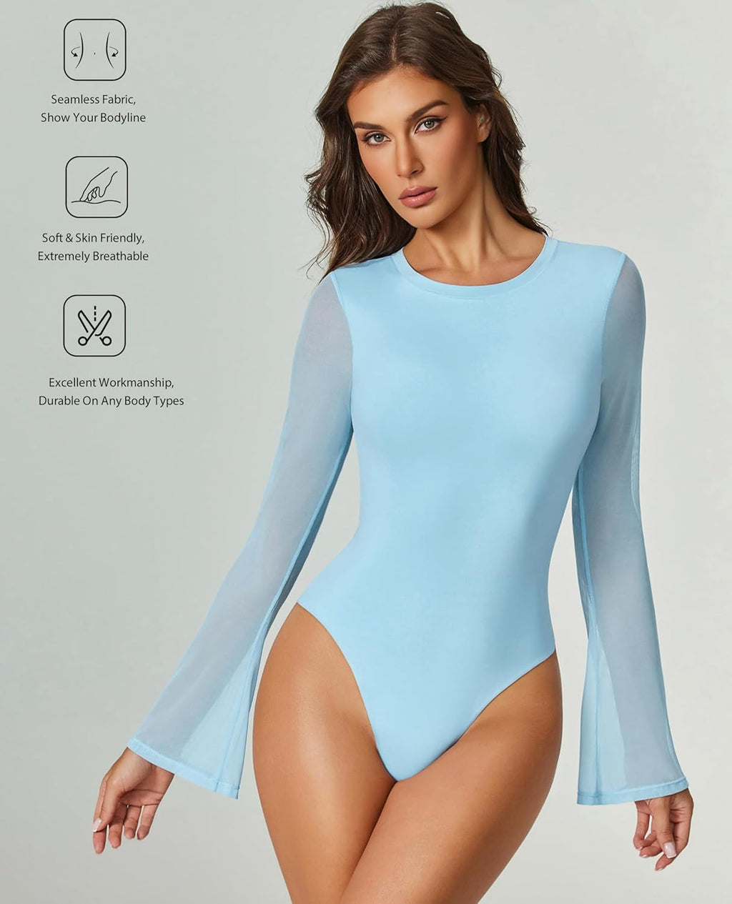 Bell Long Sleeve Bodysuits Mesh Leotard Tops