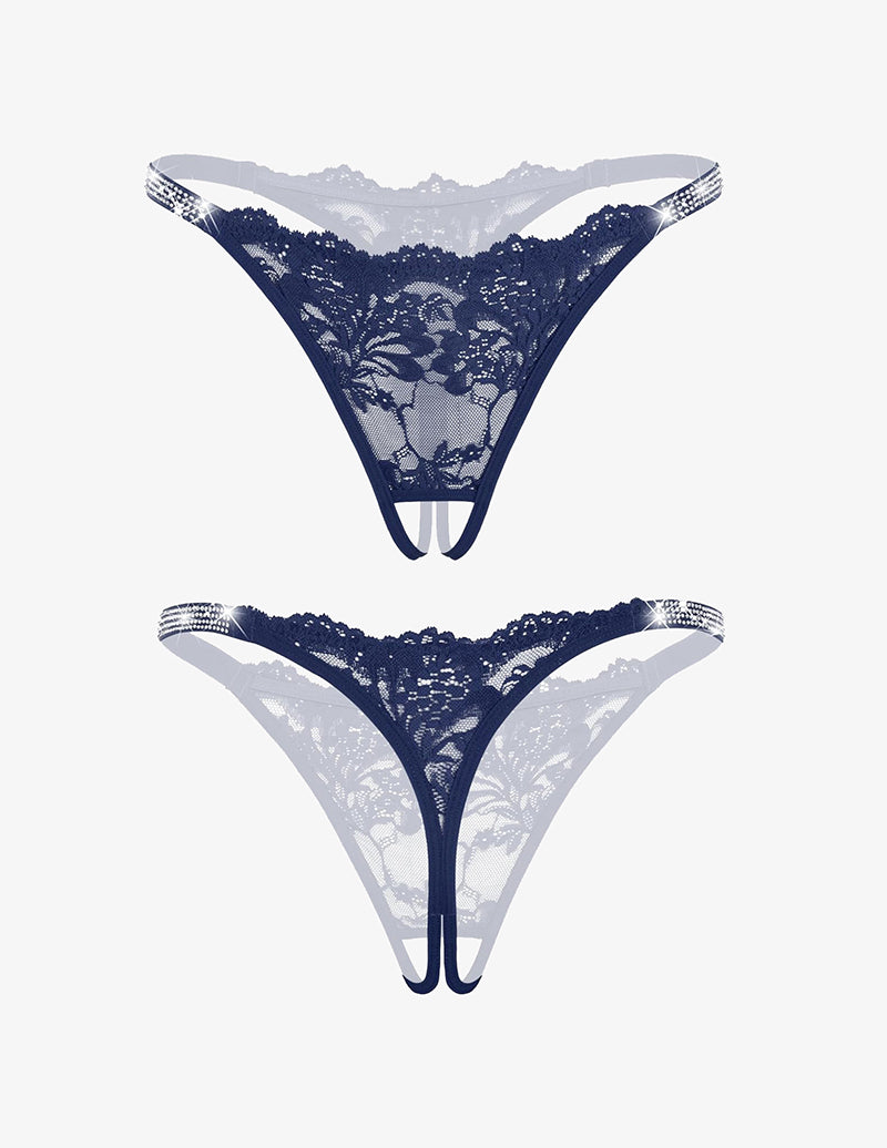 Floral Lace Briefs Rhinestones Strap Panties
