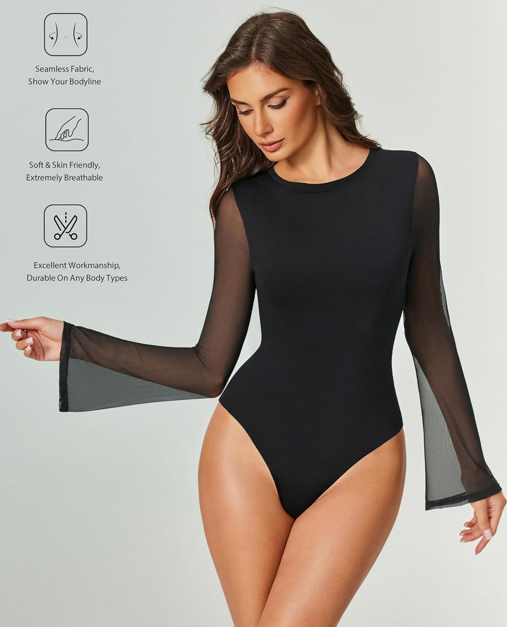 Bell Long Sleeve Bodysuits Mesh Leotard Tops