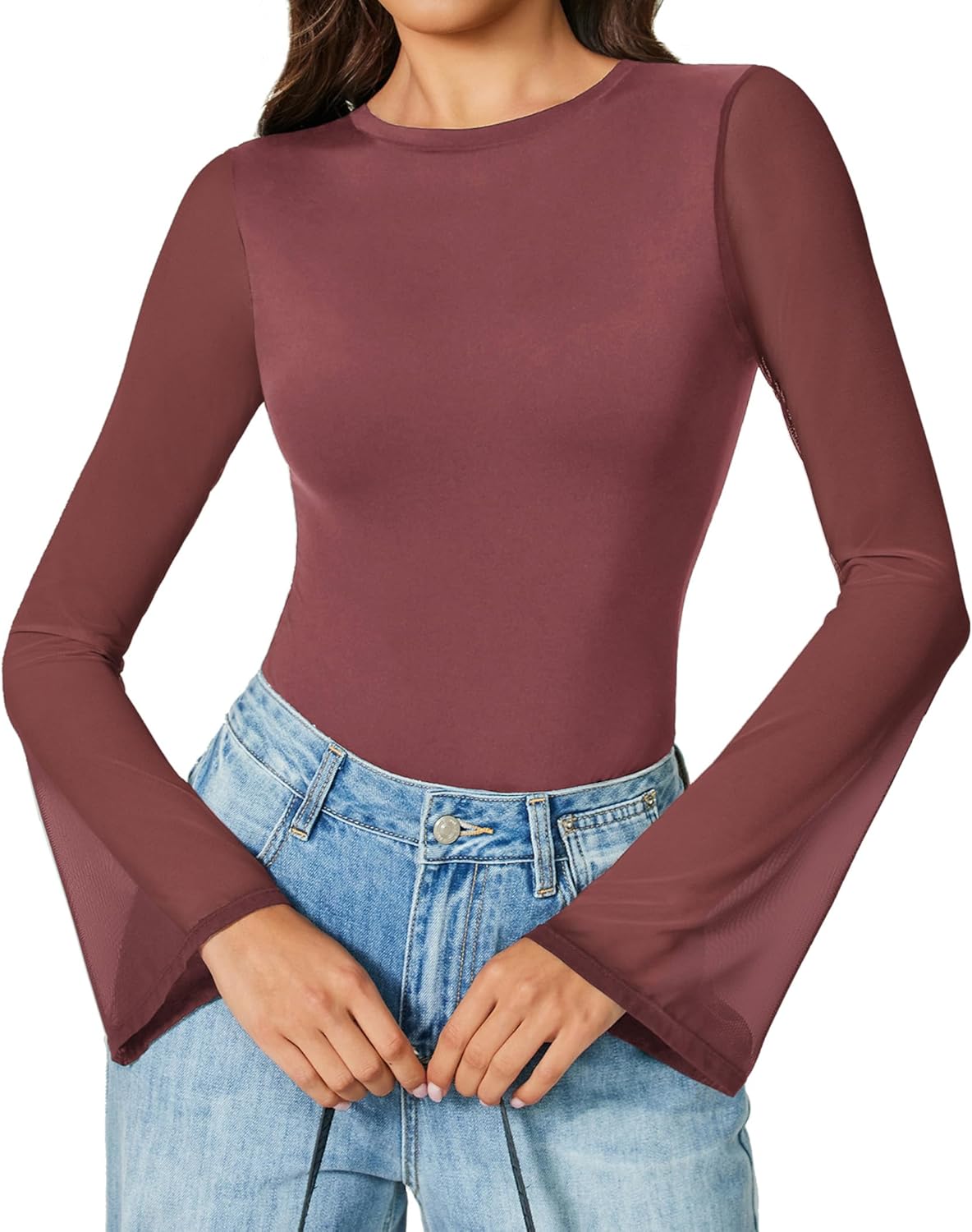 Bell Long Sleeve Bodysuits Mesh Leotard Tops