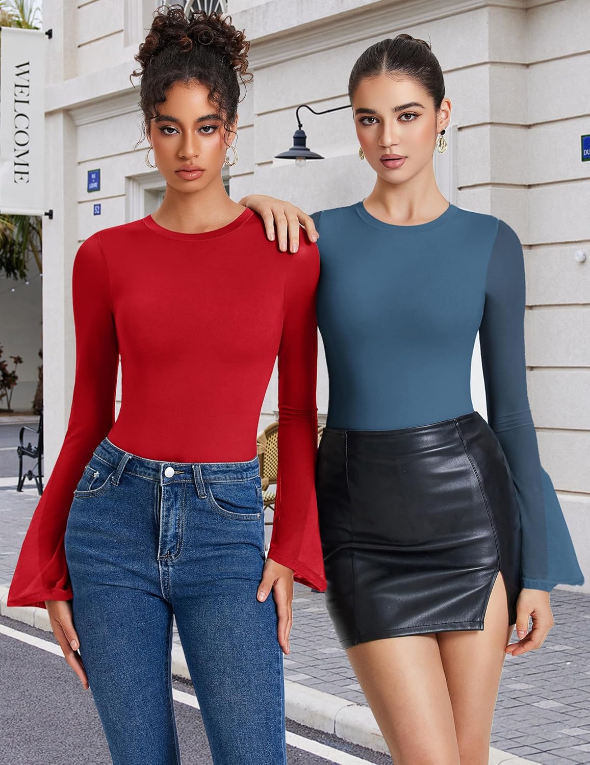 Bell Long Sleeve Bodysuits Mesh Leotard Tops