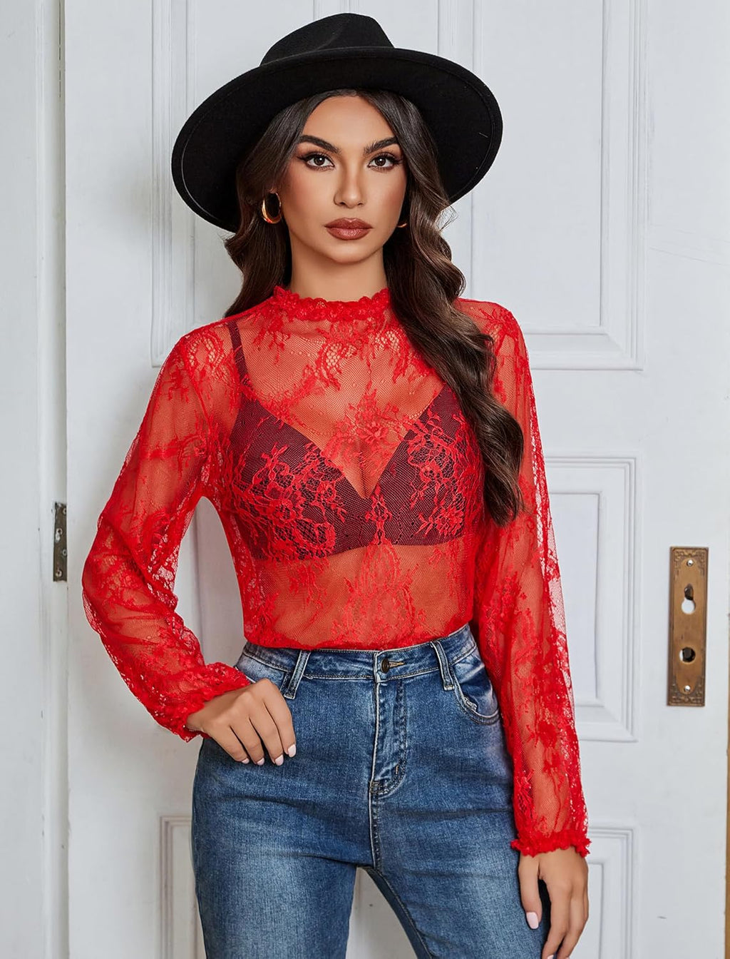 Floral Lace Mesh Top Long Sleeve Sheer Shirts