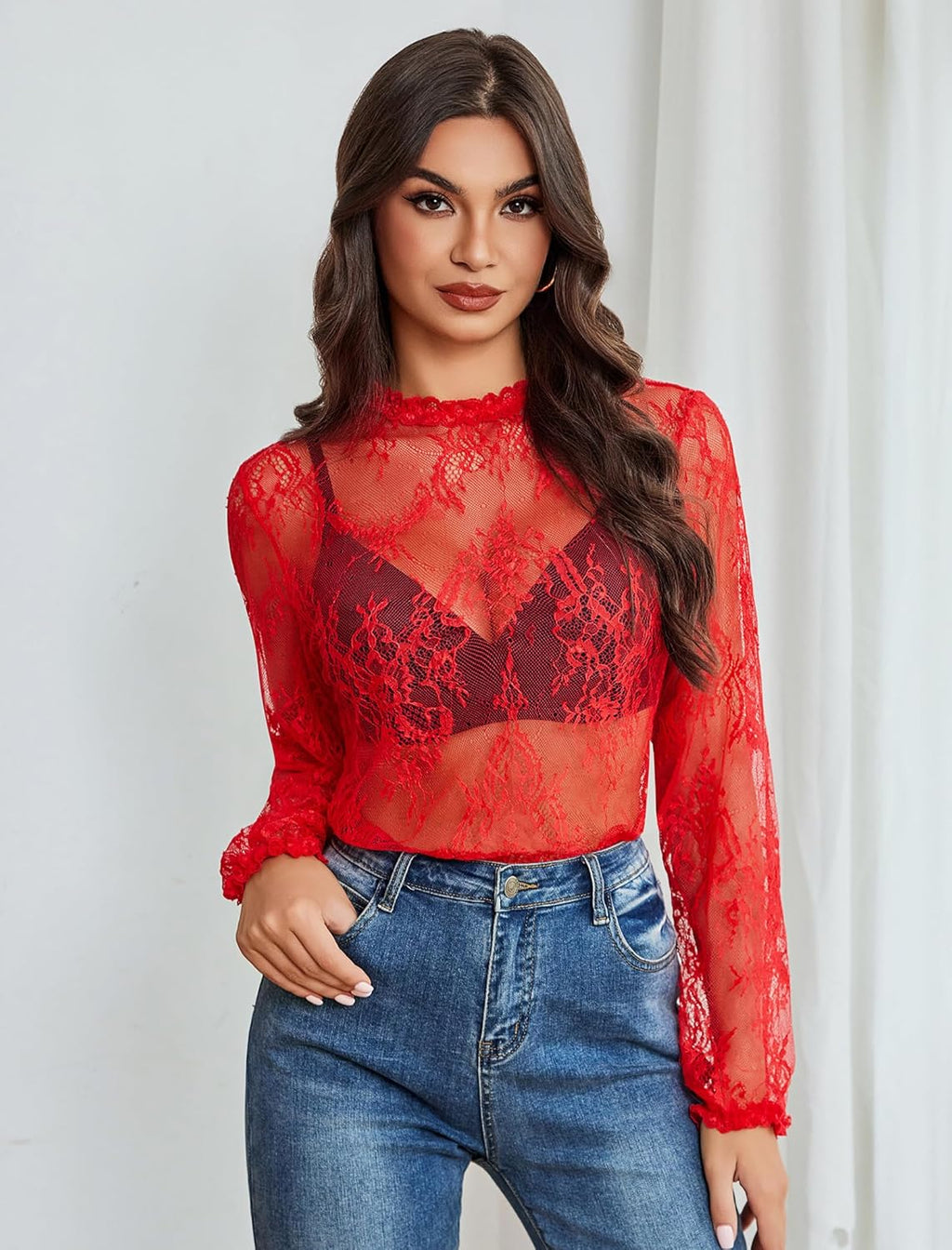 Floral Lace Mesh Top Long Sleeve Sheer Shirts