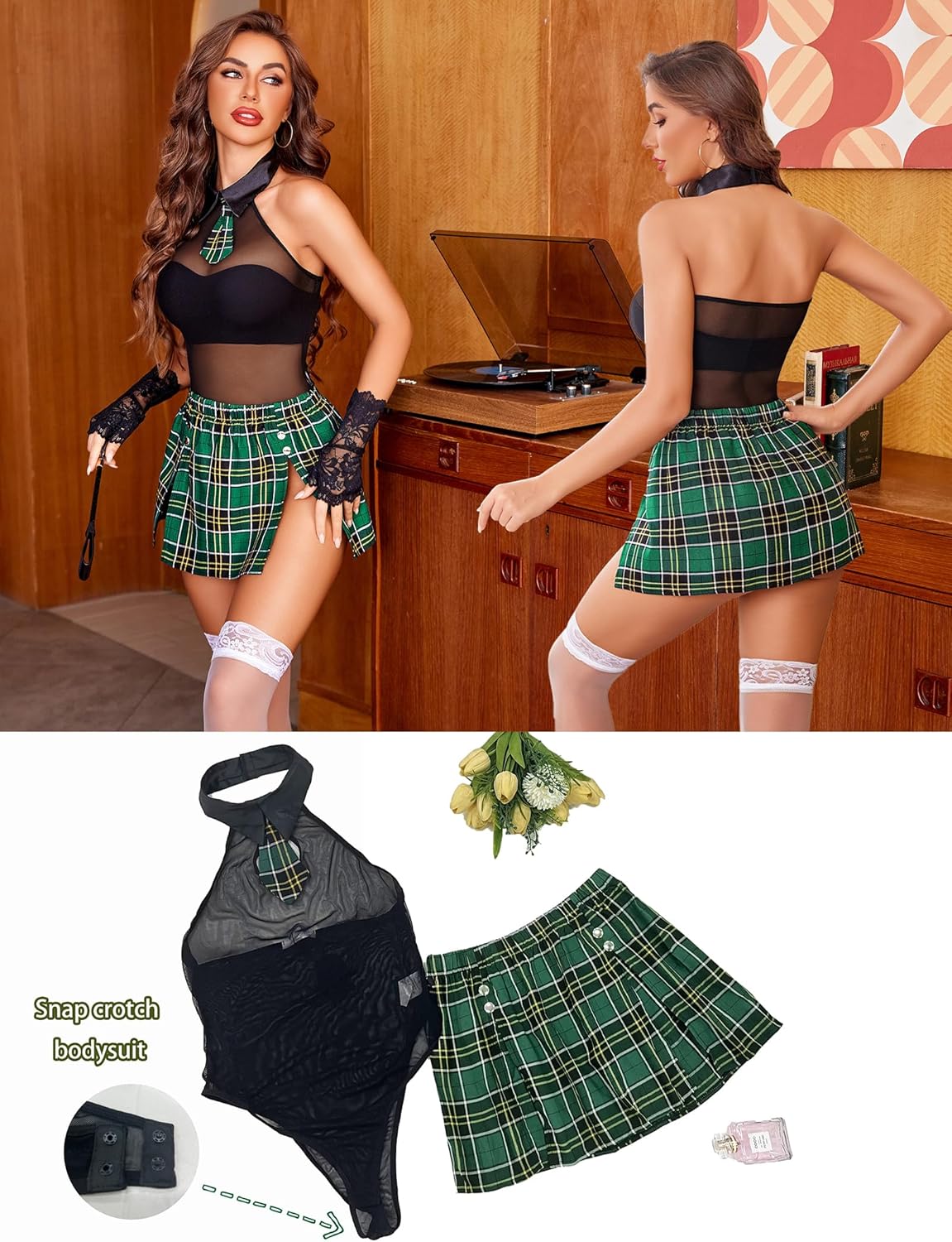 Halter Mesh Bodysuit with Slit Mini Skirt