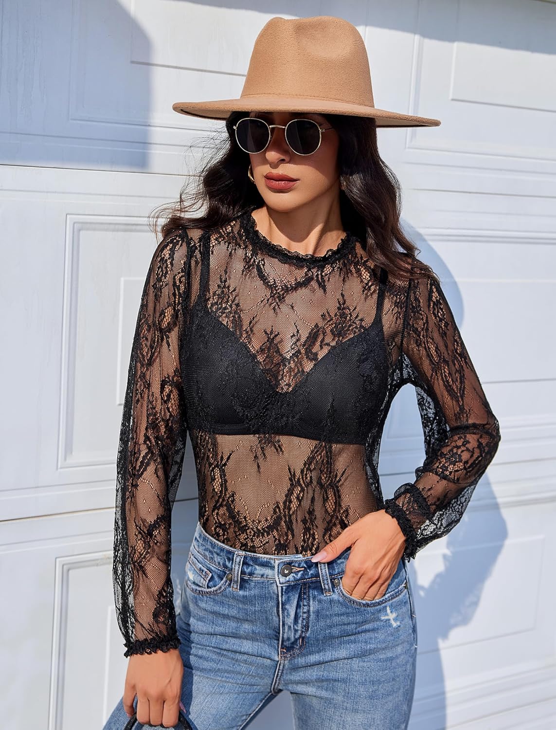 Floral Lace Mesh Top Long Sleeve Sheer Shirts