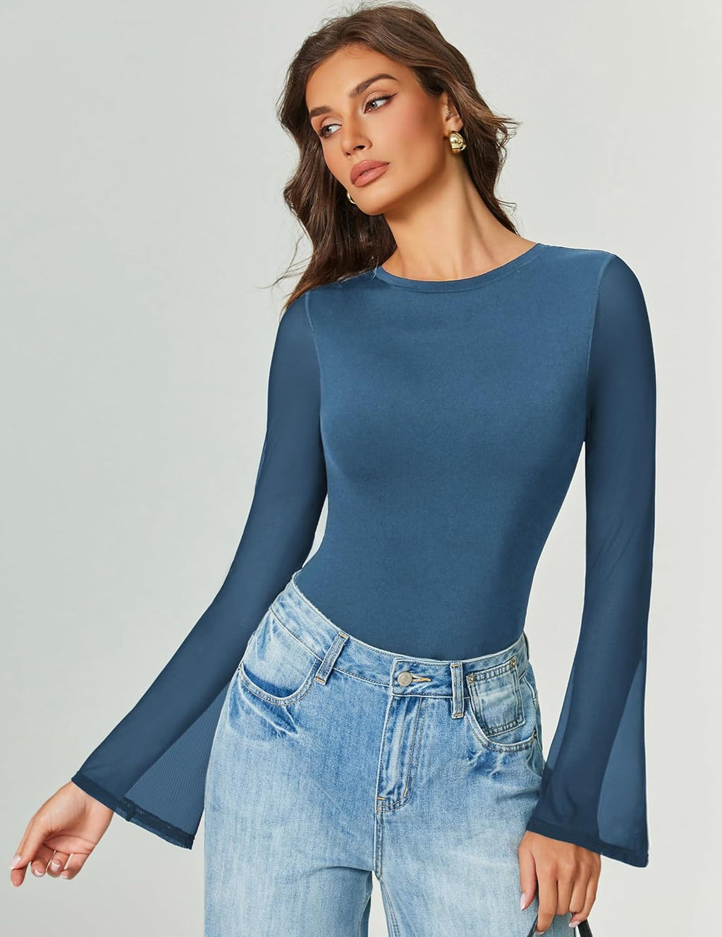 Bell Long Sleeve Bodysuits Mesh Leotard Tops