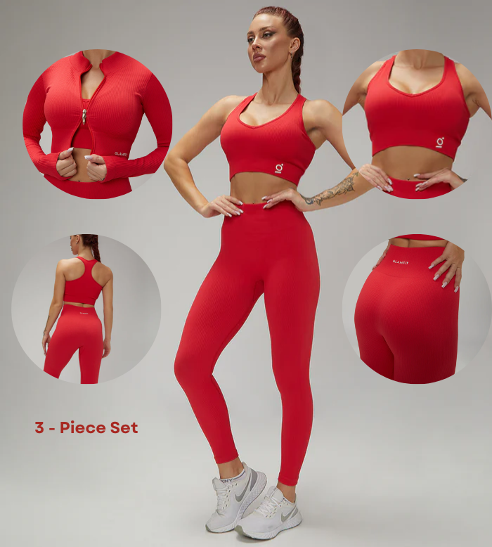 2 Way Zipper Jacket, Padded Sports Bra and Legging Set Red