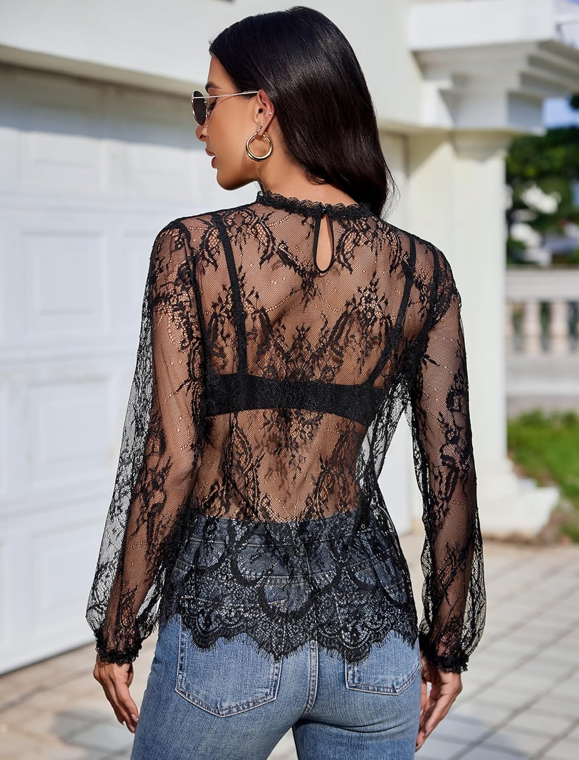 Floral Lace Mesh Top Long Sleeve Sheer Shirts
