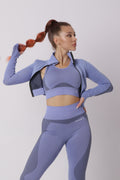 Seamless Women 3pcs Yoga Sets Fitness Sport Suit Long Sleeve Zipper with Sport Bra & Leggings Pants LightBlue
