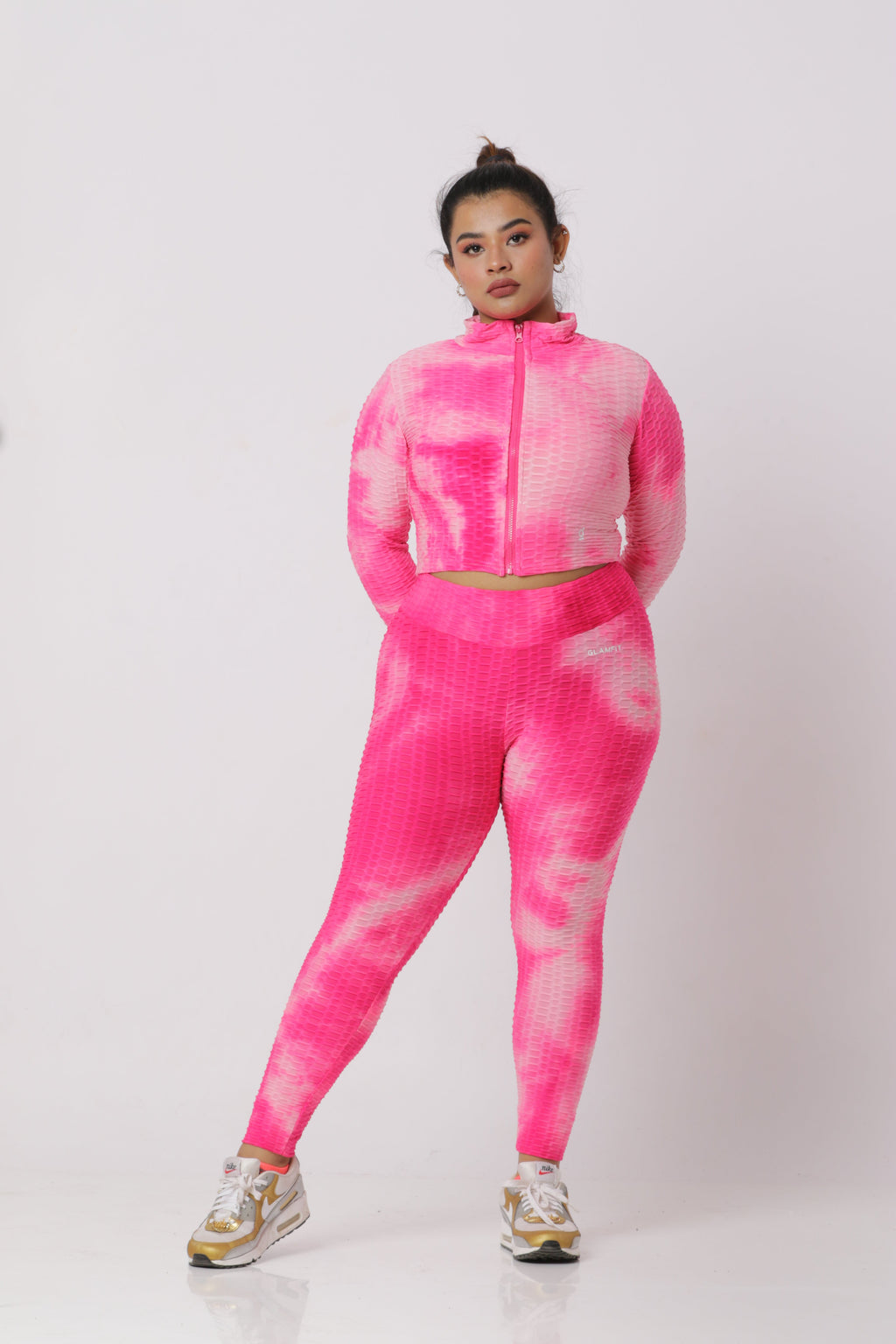 Women Soft Compression Seamless Tie Dye High Waist Leggings Bra and Jacket Set Pink