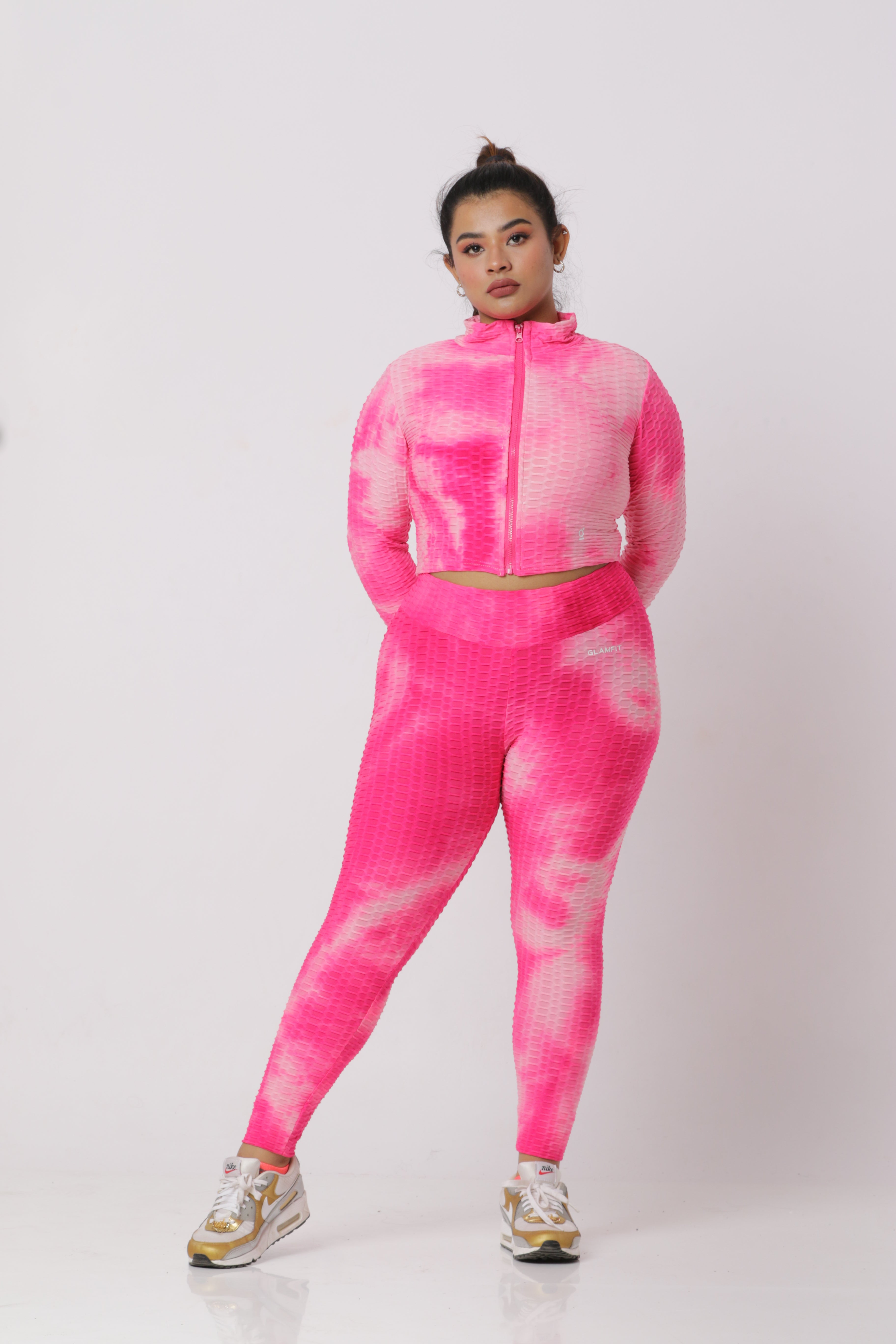 Women Soft Compression Seamless Tie Dye High Waist Leggings Bra and Jacket Set Pink