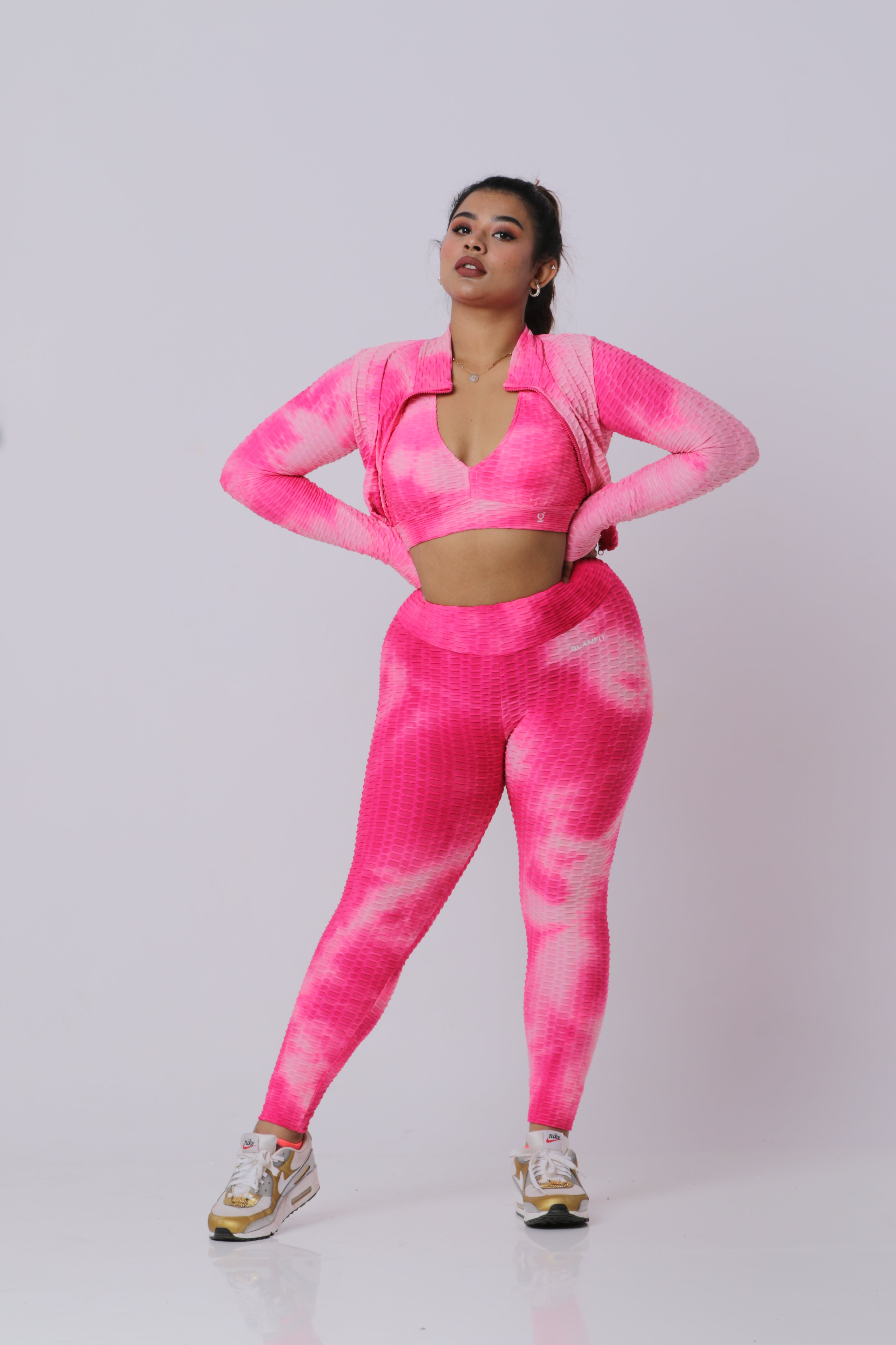 Women Soft Compression Seamless Tie Dye High Waist Leggings Bra and Jacket Set Pink