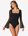 Long Bell Sleeve Mesh Square Neck Bodysuit