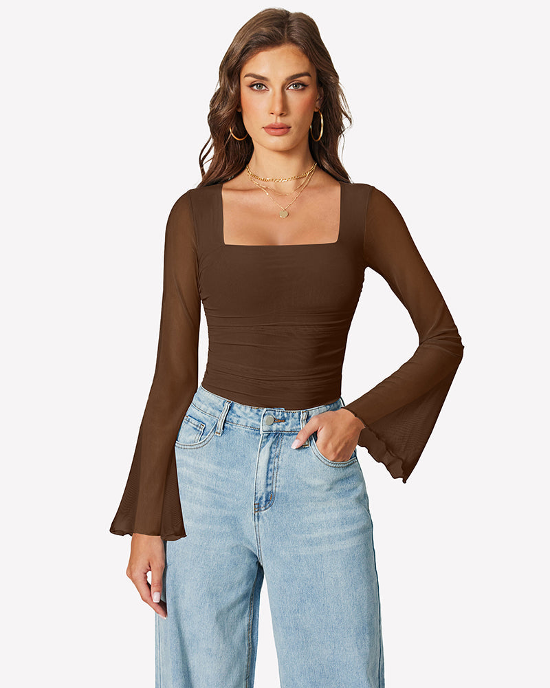 Long Bell Sleeve Mesh Square Neck Bodysuit